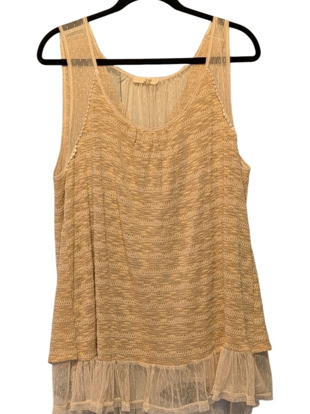 Ryu Beige Cottagecore Knit Tank with Sheer Ruffle Hem Embroidered Trim Xl